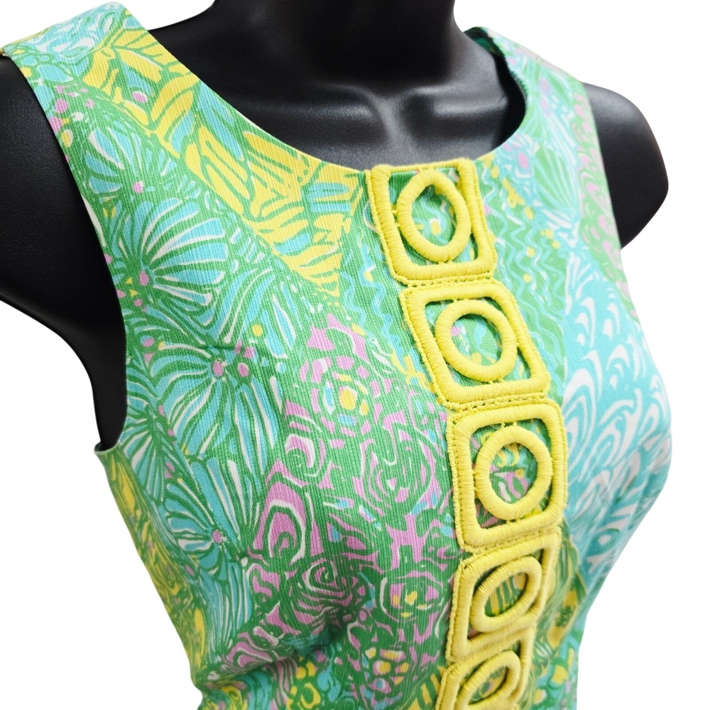 Lilly Pulitzer Green Yellow Tropical Geometric Trim Cotton Shift Dress Size 4 - Picture 3 of 9